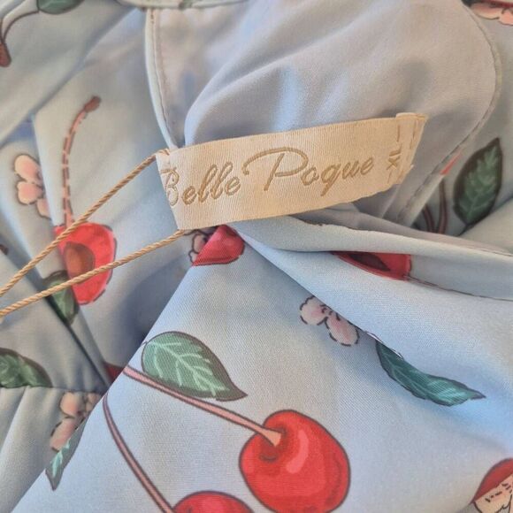 Belle Pogue Women's Baby Blue & Red Cherry Print Poly/Spandex Retro Lined Halter - Picture 10 of 13